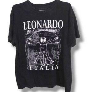 NANO Mens Tshirt Sz L Leonardo Italia Da Vinci Black Top Italy Vintage 90s Artsy